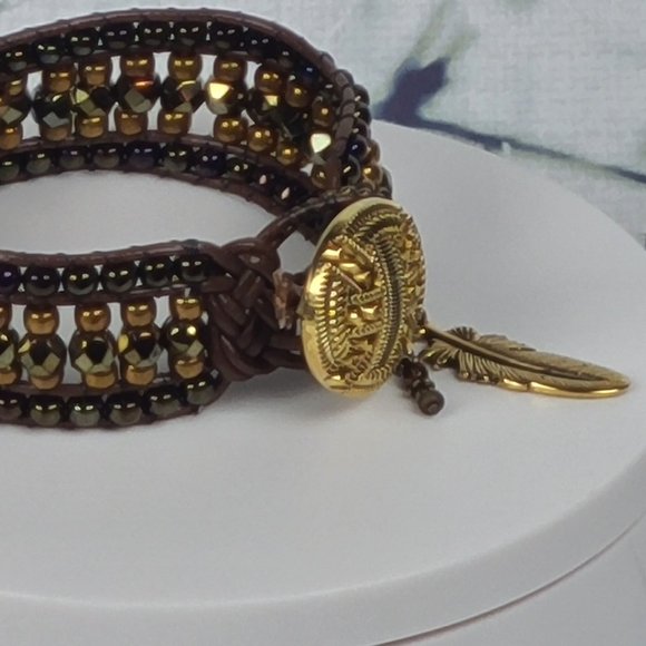 Brown Crystal and Leather Bracelet - Picture 2 of 6